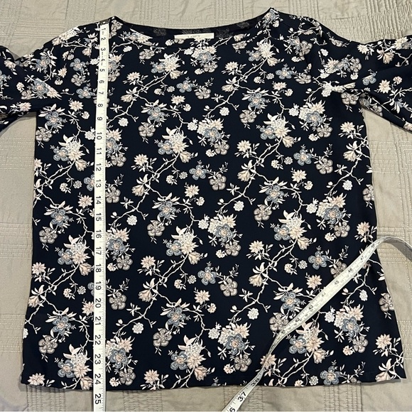 Loft Womens Blouse Size Small Blue Pink Floral Shirt 3/4 Flare Sleeve - Picture 7 of 8